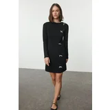 Trendyol Black Straight Bow Detailed Mini Bodycone/Fitting Stretchy Knitted Dress