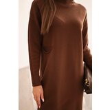 Kesi Włoski Women's sweater dress with a turtleneck and pocket brown | Shoptok.si