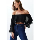 Trendyol Black Ruffle Detailed Long Sleeve Lined Crop/Short Knitted Blouse