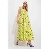 Trend Alaçatı Stili Women's Oil Green Strap Skirt Flounce Floral Pattern Gimped Woven Dress