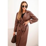 Kesi Włoski Women's eco-leather trench coat with a belt and collar light brown Cene