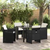 vidaXL set od 5 komada za objedovanje u vrtu s jastučićima crni poli ratan, vrtni stol crni 80x80x73 cm kaljeno staklo | shoptok.hr