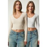 Happiness İstanbul Women's Cream White V Neck 2 Pack Crop Knitted Blouse Cene