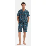 Dagi Navy Blue Shirt Collar Printed All-in-One Pajamas Set