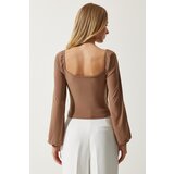  Women's Dark Beige Elastic Balloon Sleeve Sandy Knitted Blouse | Eponuda.ba