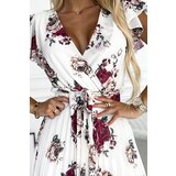 numoco basic 434-8 LISA Pleated midi dress with a neckline and frills - burgundy roses | Shoptok.si