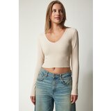 Happiness İstanbul Women's Cream V-Neck Crop Knitted Blouse Cene