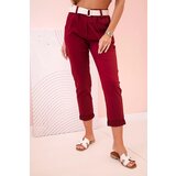 Kesi Włoski Women's viscose trousers with belt and rolled up leg burgundy | Shoptok.si