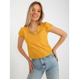 Fashion Hunters Dark yellow formal blouse with application and short sleeves Cene