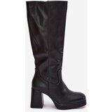 Boto Ladies Knee High Boots With Zipper Block Heel Black Selvia | Shoptok.si