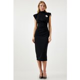  Women's Black Elegant Brooch Gathered Wrap Knitted Dress Cene