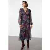 Trendyol Purple Shawl Pattern Waist Opening Ruffle Maxi Lined Woven Dress