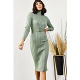 Olalook Women's Aquatic Green with a Belt, Thick Ribbed Sweater Dress Cene