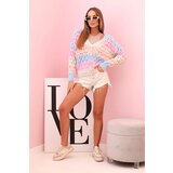 Kesi Włoski Women's striped V-neck openwork sweater blue + beige | Shoptok.si