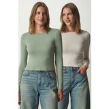 Happiness İstanbul Women's Almond Green Stone Crew Neck Wraparound 2-Pack Knitted Blouse Cene