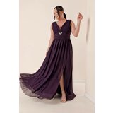By Saygı Front Back V-Neck Stone Detailed Waist Draped Plus Size Chiffon Long Dress with a Front Slit Purple Cene