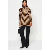 Trendyol Camel Striped Gold Button Detailed Soft Textured Knitwear Cardigan Cene