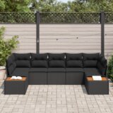 vidaXL 7-delni Vrtni Kavč Set z Blazinami Črn Poli Ratan Akacija | Shoptok.si