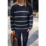 Laluvia Navy Blue Pinstripe Crew Neck Knitwear Sweater cene