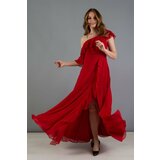 Carmen Red Chiffon Ruffled Shoulder Slit Evening Dress Cene