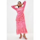Trendyol Pink Floral Skirt Ruffled Lined Woven Chiffon Dress Cene