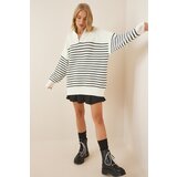  Women's Ecru Black Zippered Stand Up Collar Striped Oversize Sweater Cene