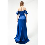 Lafaba Women's Indigo Boat Neck Slit Long Satin Evening Dress | Shoptok.si