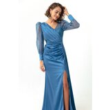 Lafaba Women's Indigo Double Breasted Neck Silvery Long Satin Evening Dress | shoptok.hr