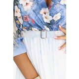 numoco basic 605-1 Feminine airy midi dress with envelope neckline and pleats – light blue with wildflowers | shoptok.hr