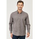 AC&Co / Altınyıldız Classics Men's Anthracite Tailored Slim Fit Oxford Buttoned Collar Linen-Looking 100% Cotton Flared Shirt. Cene