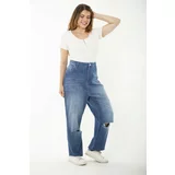 Şans Women's Plus Size Blue Ripped Detailed High Waist Leg Dirty Stitched Jeans