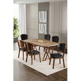Hanah home trpezarijski set Flori, sto i 6 stolica, ploča u dekoru atlantskog bora, noge sa završnom obradom u izgledu drveta, crna tkanina Babyface | Eponuda.com