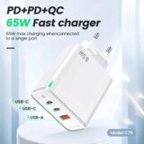Jellico hišni polnilec adapter C79 220V Gun Quick Charge PD 65W vhod 1x USB A in 2x Type C - s kablom Type C - Type C 3.0 bel | Shoptok.si