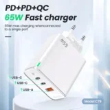 hišni polnilec adapter C79 220V Gun Quick Charge PD 65W vhod 1x USB A in 2x Type C - s kablom Type C - Type C 3.0 bel