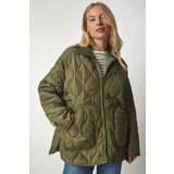  Women's Khaki Pocket Turtleneck Quilted Coat Cene