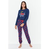 Trendyol Navy Blue Cherry Printed Knitted Pajamas Set Cene
