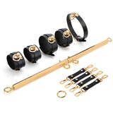 SuperLove Deluxe Metal Spreader Bar with Leather Cuffs, Collar & Hogtie Gold-Black Cene