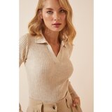  Women's Cream Polo Neck Corduroy Crop Knitwear Sweater | shoptok.hr