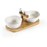 Set 2 posodic na lesenem podstavku + 3 vilice, 25 x 11 x 12 cm, keramika/les