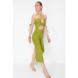 Trendyol X Zeynep Tosun Oil Green Elegant Evening Dress with Knitted Window and Accessory Detail | shoptok.hr