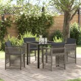 vidaXL vrtni blagovaonski set od 5 komada s jastučićima siva poli ratan, vrtni stol crn 80x80x73 cm temperirano staklo | shoptok.hr