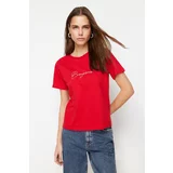 Trendyol Red 100% Cotton Motto Embroidered Regular/Regular Fit Knitted T-Shirt