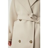  Women's Cream Double Breasted Neck Belted Oversize Cachet Coat | Shoptok.si