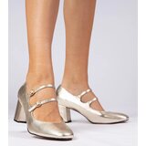 D/CEO marka niezdefiniowana Gold women's pumps on a block heel with buckles Meloni Cene