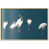  Plakat - Evening at the Pond - group of cranes drawn in dry pastel on a dark turquoise background 60x40 Zlatni okvir | shoptok.hr