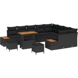 vidaXL 12-delni vrtni kavč set z blazinami črni poli ratan akacija, 3-delni vrtni jedilni set z blazinami črni poli ratan akacija | Shoptok.si