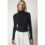  Women's Black Shirred Detail Standing Collar Sandy Blouse Cene