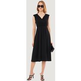 armonika Women's Black Lined Double Breasted Neck Midi Length Dress With Elastic Waist And Shoulder Skirt Cene