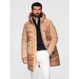 Ombre Men's long quilted jacket with large pockets - beige Cijene