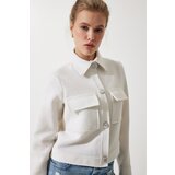  Women's Off-White Stylish Buttoned Woven Tweed Jacket with Pockets | Shoptok.si